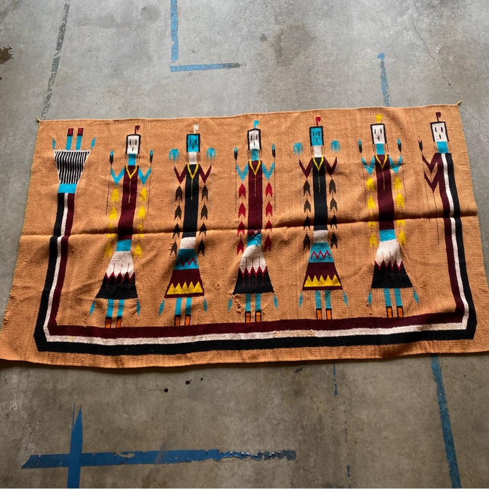 Vintage Native American Navajo Hand-Woven Yei Pictorial Rug - 47" x 83”